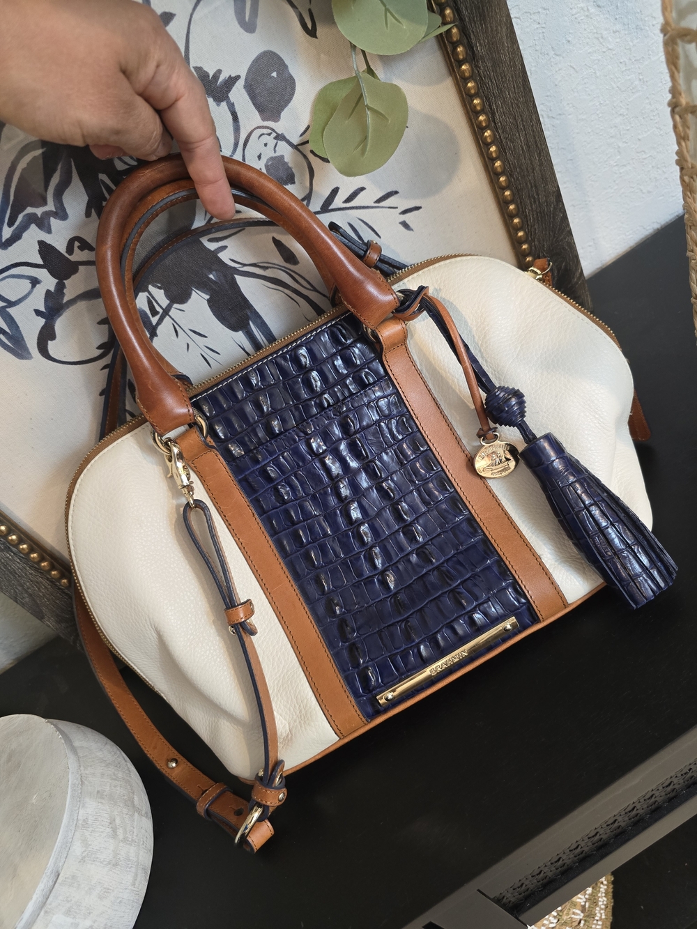Brahmin Vintage Lady Vineyard Vivian Navy Cream Domed Satchel Crocodile Embossed